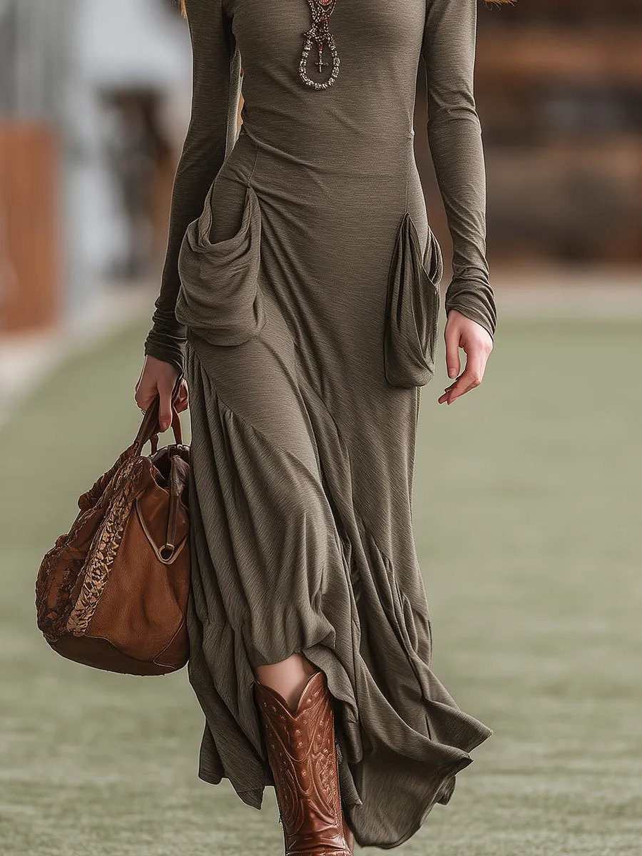 Stylish And Casual Pocket Details Green-grey Turtleneck Maxi Dress sold by Oyrosy product image thumbnail 4