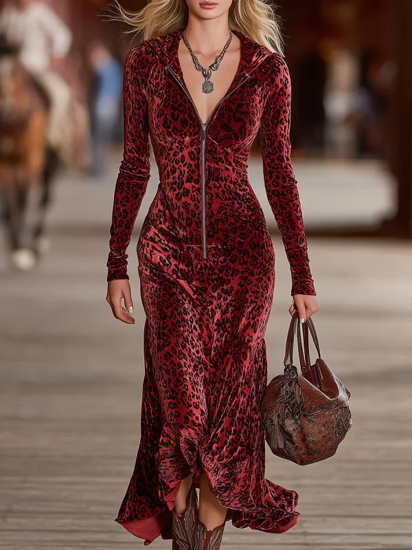 Retro Casual Leopard Print Red Velvet Hooded Maxi Dress sold by Oyrosy