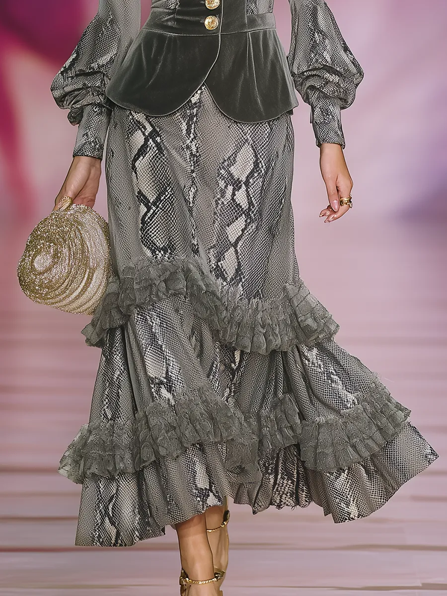 Retro-elegant Snakeskin Print Velvet Shirt And Skirt Set sold by Oyrosy product image thumbnail 4