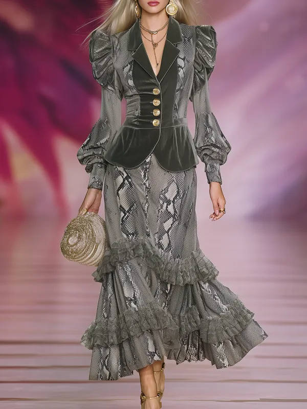 Retro-elegant Snakeskin Print Velvet Shirt And Skirt Set sold by Oyrosy