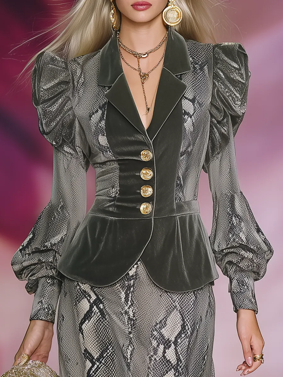 Retro-elegant Snakeskin Print Velvet Shirt And Skirt Set sold by Oyrosy product image thumbnail 3