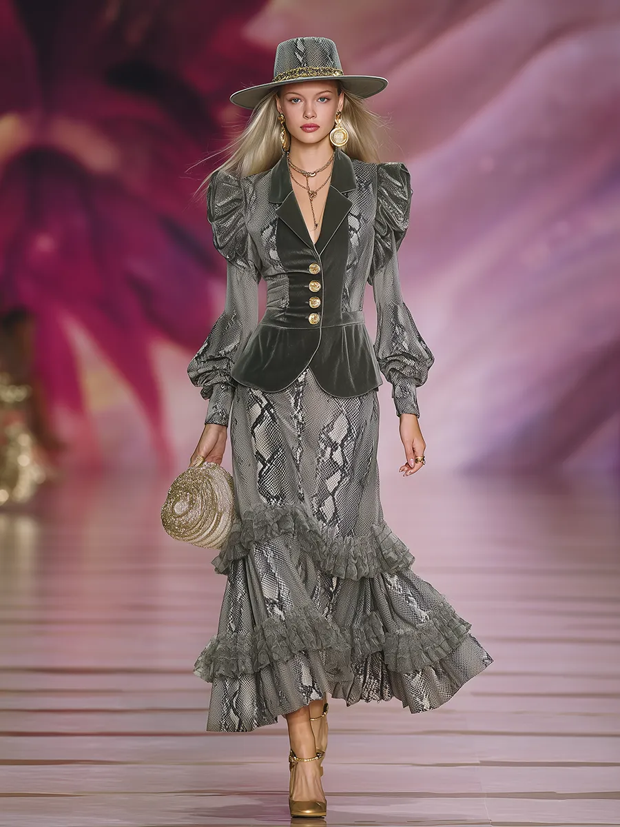 Retro-elegant Snakeskin Print Velvet Shirt And Skirt Set sold by Oyrosy product image thumbnail 2