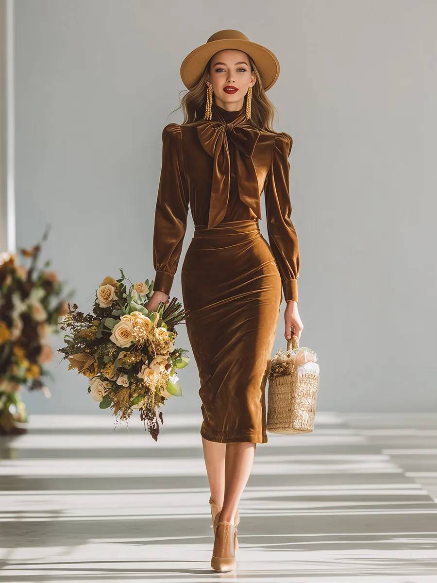 Elegant Stand-up Collar Bow Tie Long-sleeved Velvet Midi Dress sold by Oyrosy product image thumbnail 2