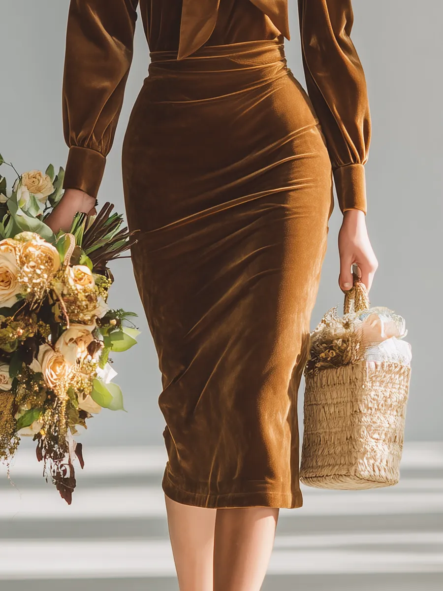 Elegant Stand-up Collar Bow Tie Long-sleeved Velvet Midi Dress sold by Oyrosy product image thumbnail 4