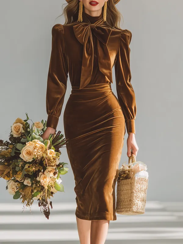 Elegant Stand-up Collar Bow Tie Long-sleeved Velvet Midi Dress sold by Oyrosy
