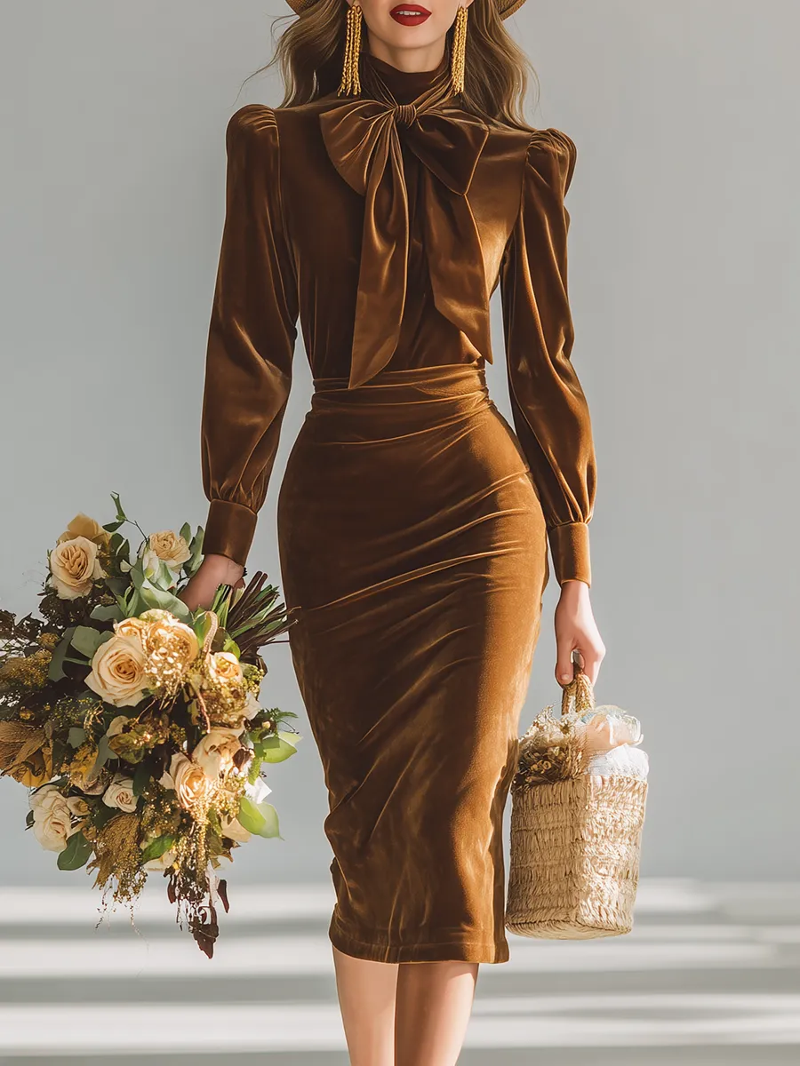 Elegant Stand-up Collar Bow Tie Long-sleeved Velvet Midi Dress sold by Oyrosy