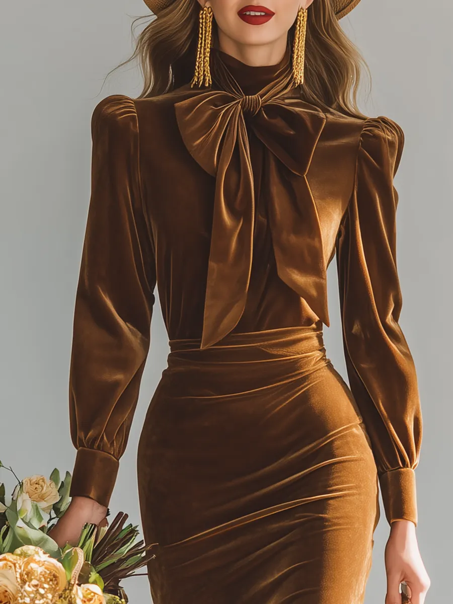 Elegant Stand-up Collar Bow Tie Long-sleeved Velvet Midi Dress sold by Oyrosy product image thumbnail 3