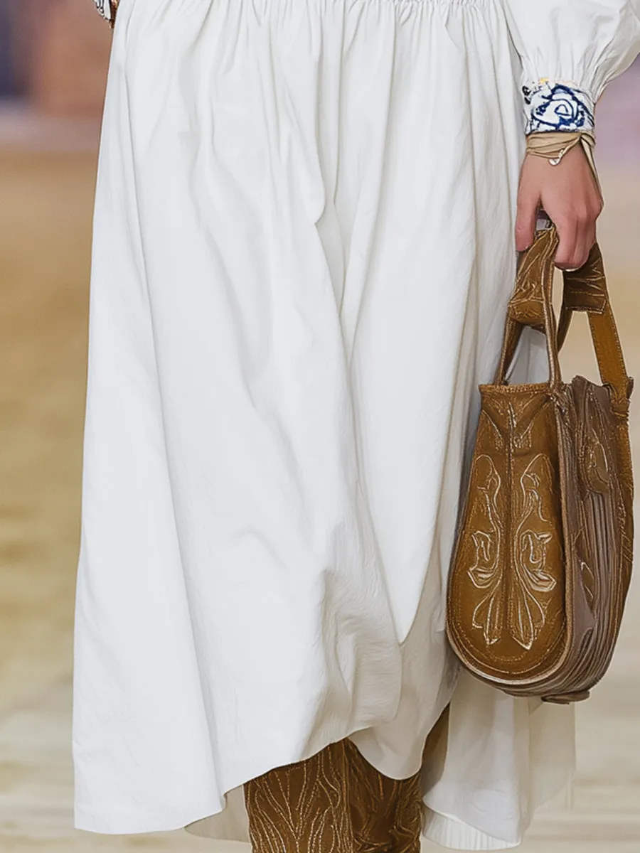 White Embroidered Neckline, High-elastic Waist Midi Dress sold by Oyrosy product image thumbnail 3