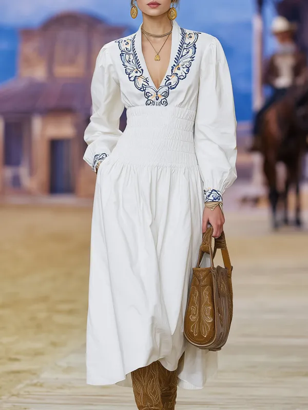 White Embroidered Neckline, High-elastic Waist Midi Dress sold by Oyrosy