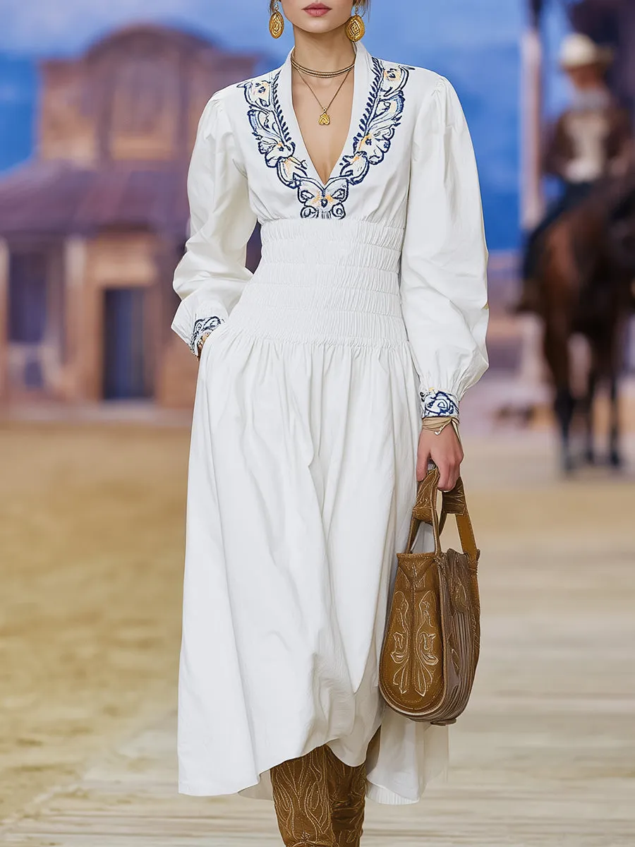 White Embroidered Neckline, High-elastic Waist Midi Dress sold by Oyrosy