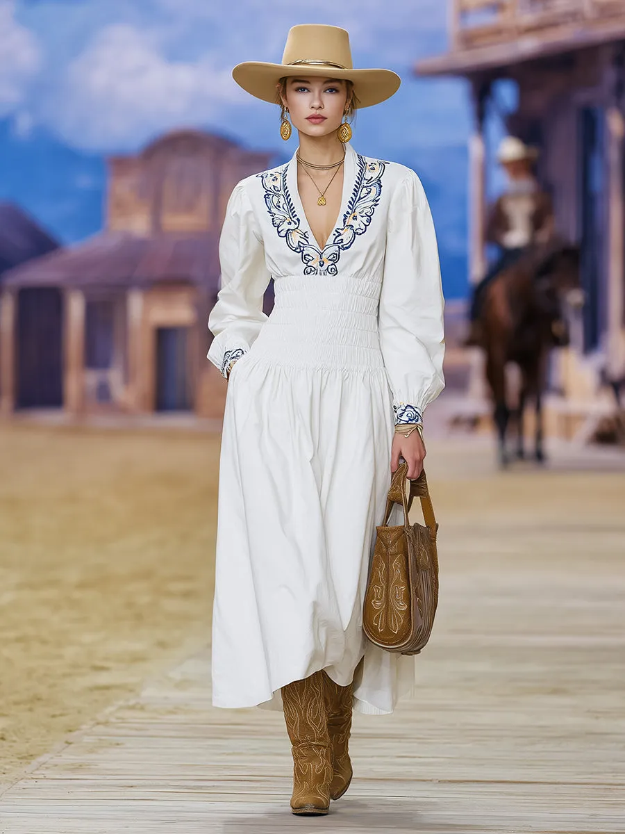 White Embroidered Neckline, High-elastic Waist Midi Dress sold by Oyrosy product image thumbnail 2