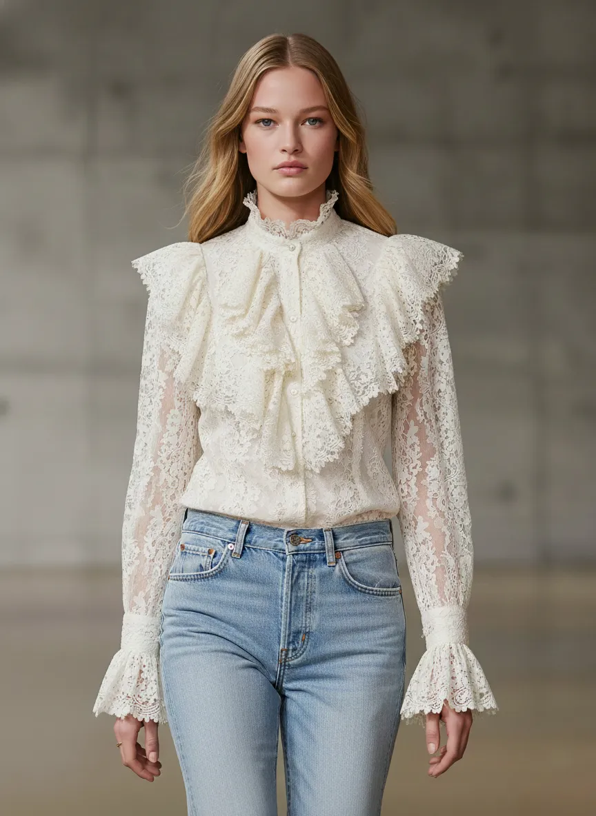 Stylish White Lace Ruffled Button Blouse sold by Oyrosy product image thumbnail 2