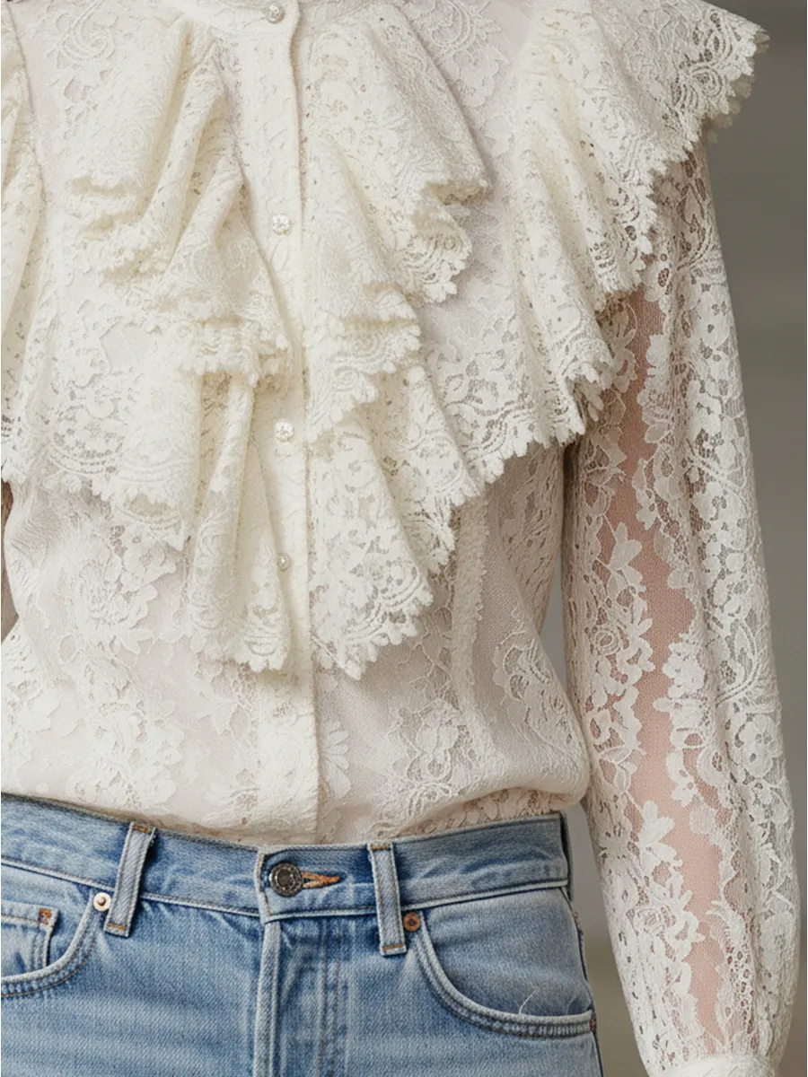 Stylish White Lace Ruffled Button Blouse sold by Oyrosy product image thumbnail 3
