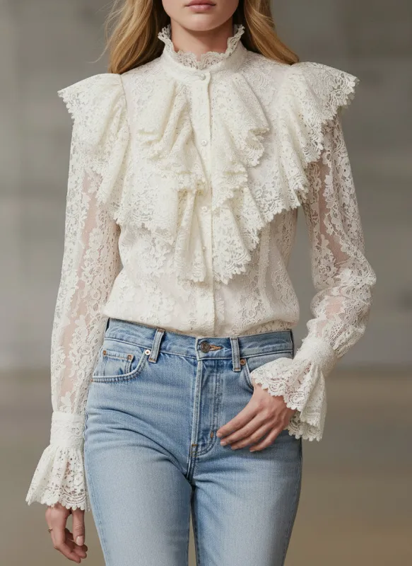 Stylish White Lace Ruffled Button Blouse sold by Oyrosy