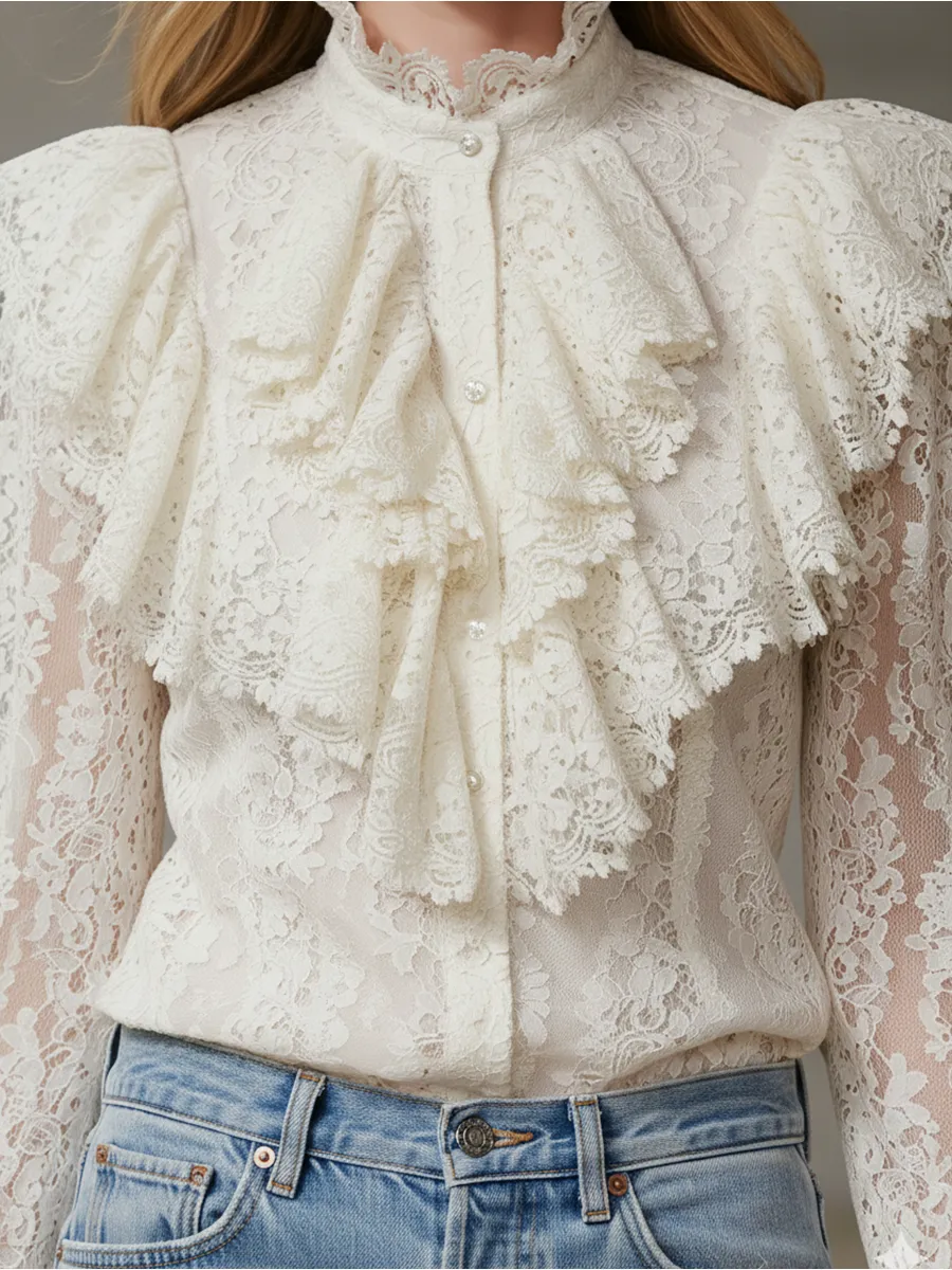 Stylish White Lace Ruffled Button Blouse sold by Oyrosy product image thumbnail 4