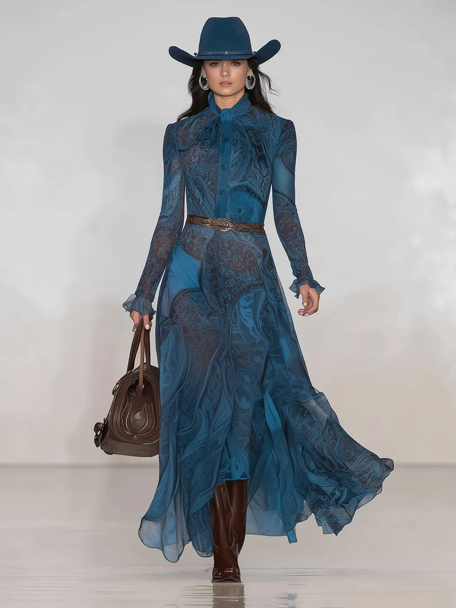 Fashionable Blue Chiffon Round Neck Maxi Dress sold by Oyrosy product image thumbnail 2