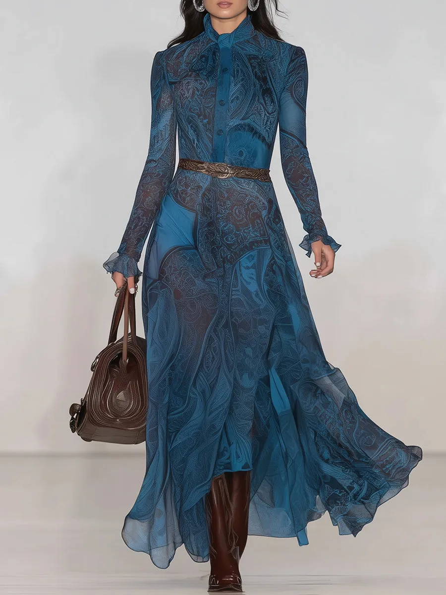 Fashionable Blue Chiffon Round Neck Maxi Dress sold by Oyrosy