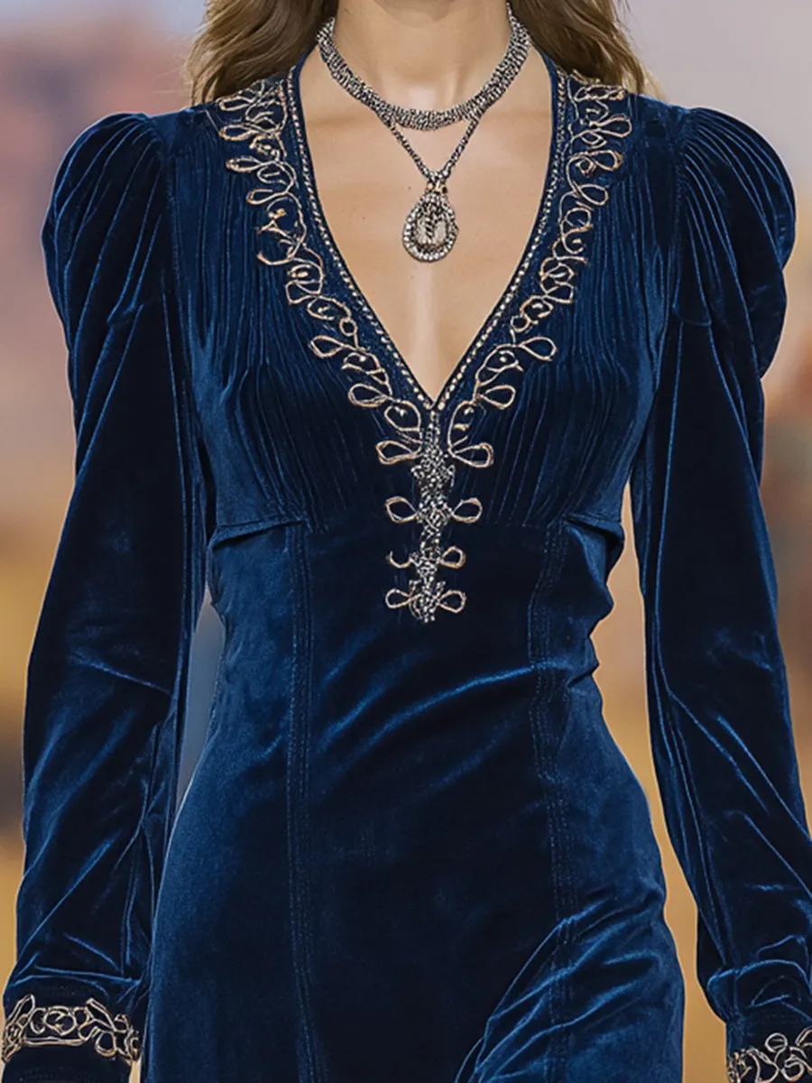 Fashionable Blue Velvet Collar And Cuff Embroidered Midi Dress sold by Oyrosy product image thumbnail 3