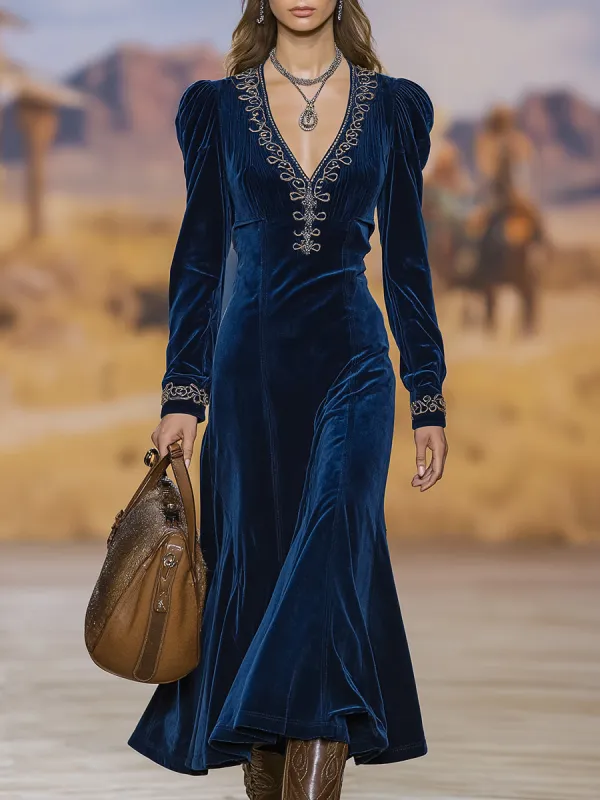 Fashionable Blue Velvet Collar And Cuff Embroidered Midi Dress sold by Oyrosy