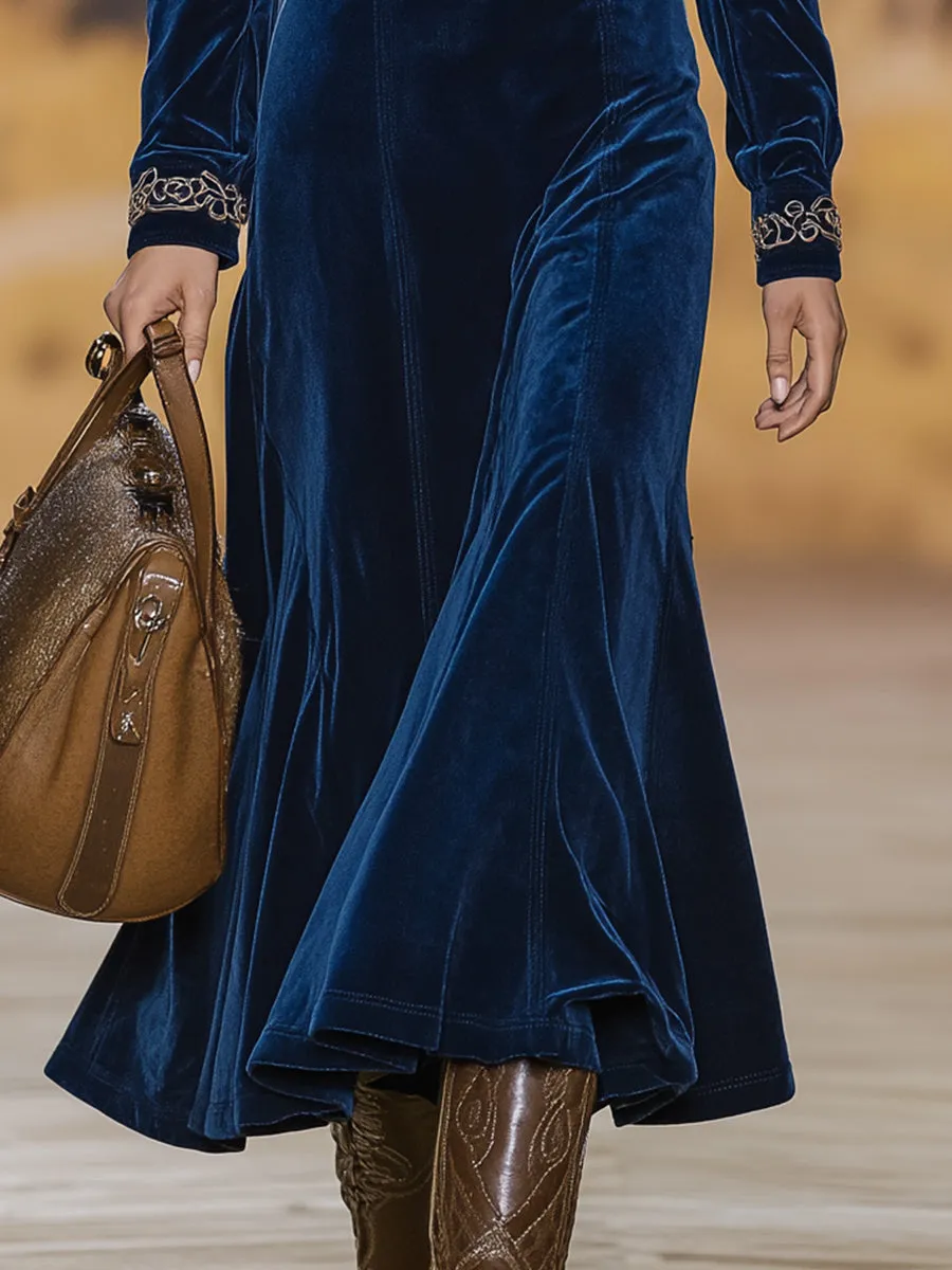 Fashionable Blue Velvet Collar And Cuff Embroidered Midi Dress sold by Oyrosy product image thumbnail 4