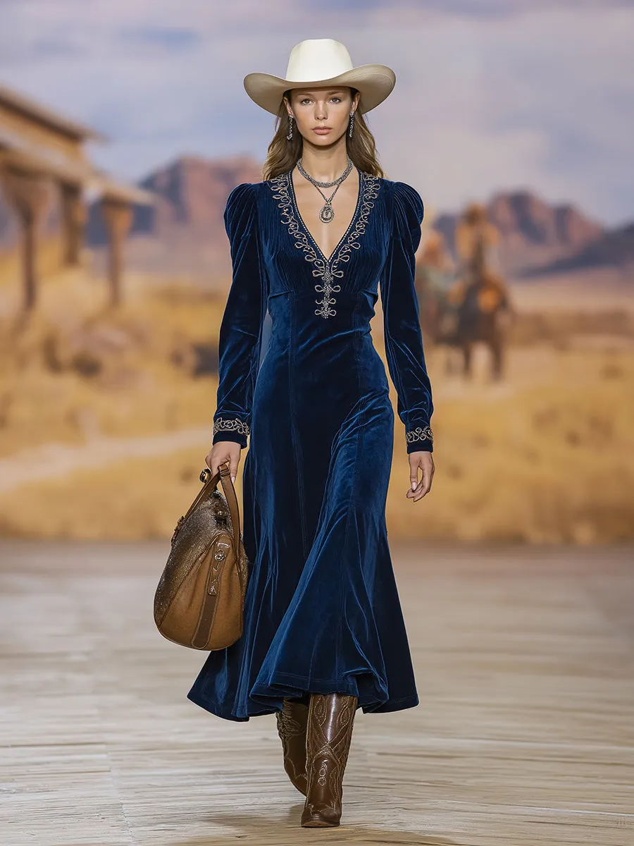 Fashionable Blue Velvet Collar And Cuff Embroidered Midi Dress sold by Oyrosy product image thumbnail 2