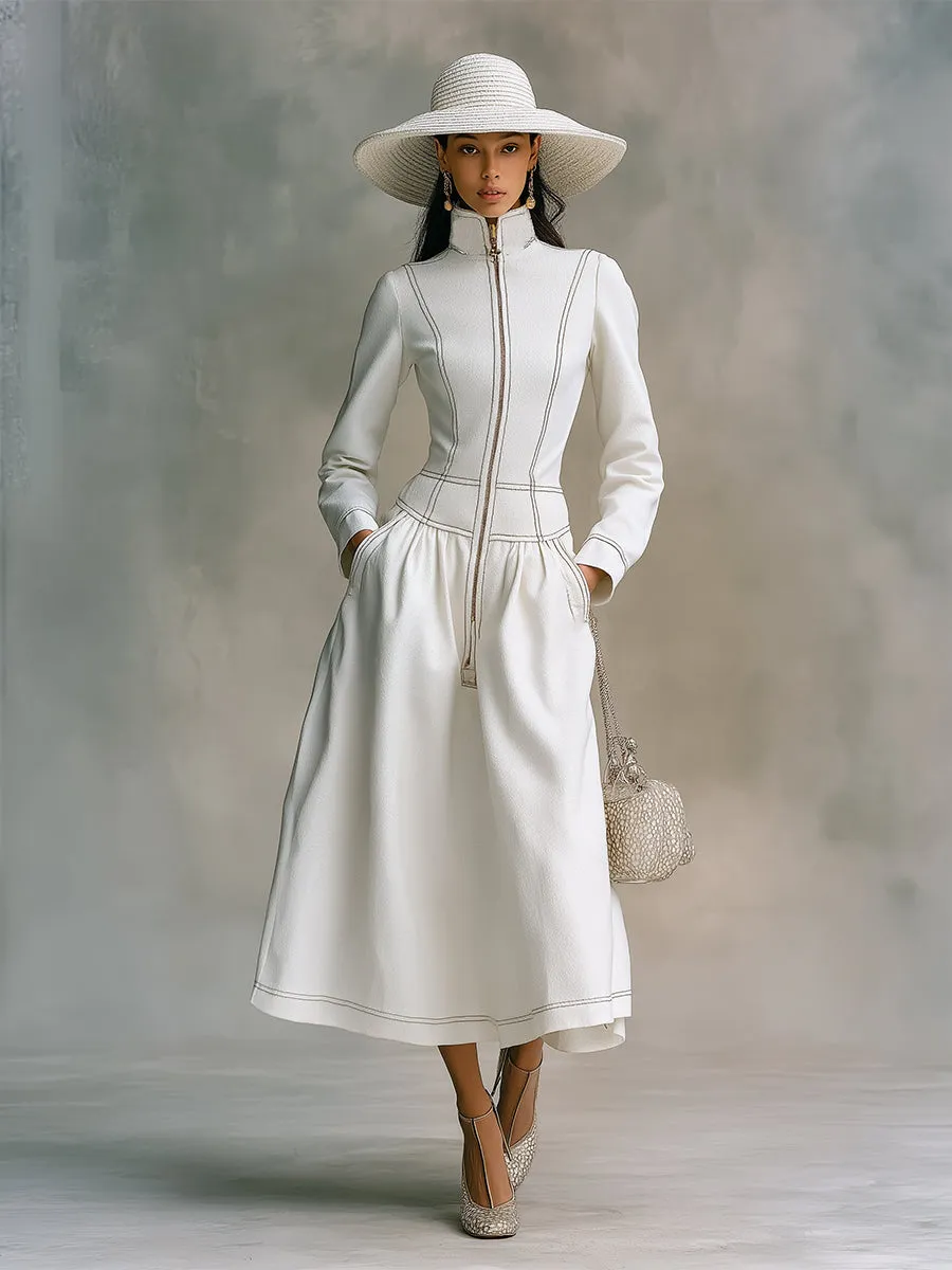 Elegant And Classic White Stand-up Collar Front Zipper Maxi Dress sold by Oyrosy product image thumbnail 2