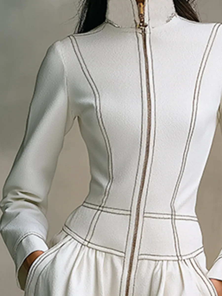 Elegant And Classic White Stand-up Collar Front Zipper Maxi Dress sold by Oyrosy product image thumbnail 3