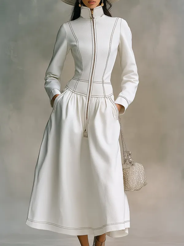 Elegant And Classic White Stand-up Collar Front Zipper Maxi Dress sold by Oyrosy