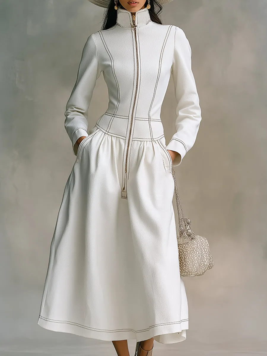 Elegant And Classic White Stand-up Collar Front Zipper Maxi Dress sold by Oyrosy