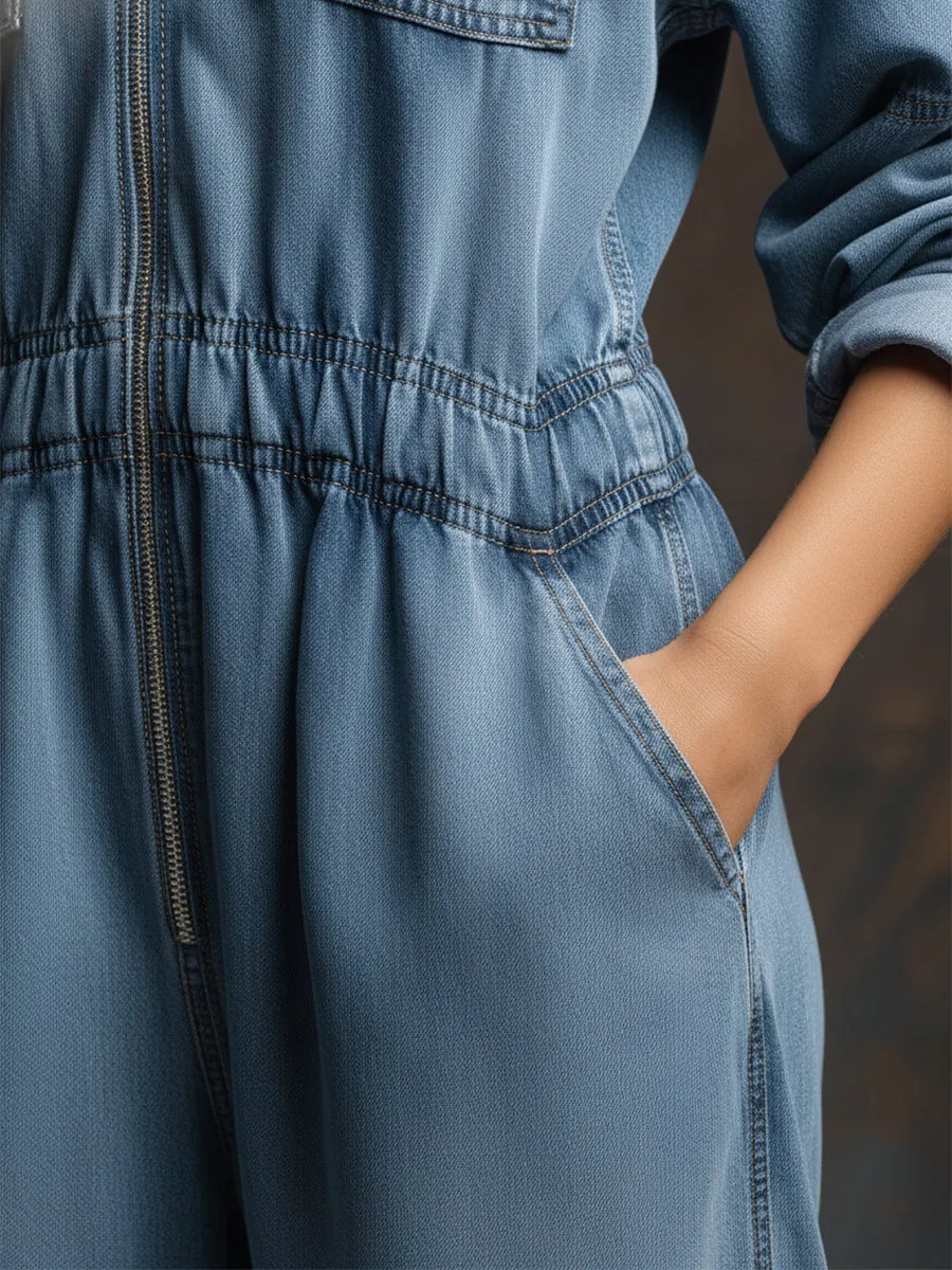 Casual And Oversized Blue Hooded Front-zip Denim Long-sleeved Jumpsuit sold by Oyrosy product image thumbnail 4