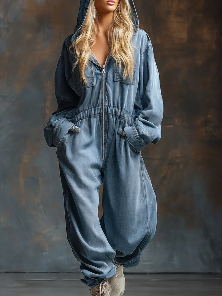 Casual And Oversized Blue Hooded Front-zip Denim Long-sleeved Jumpsuit sold by Oyrosy