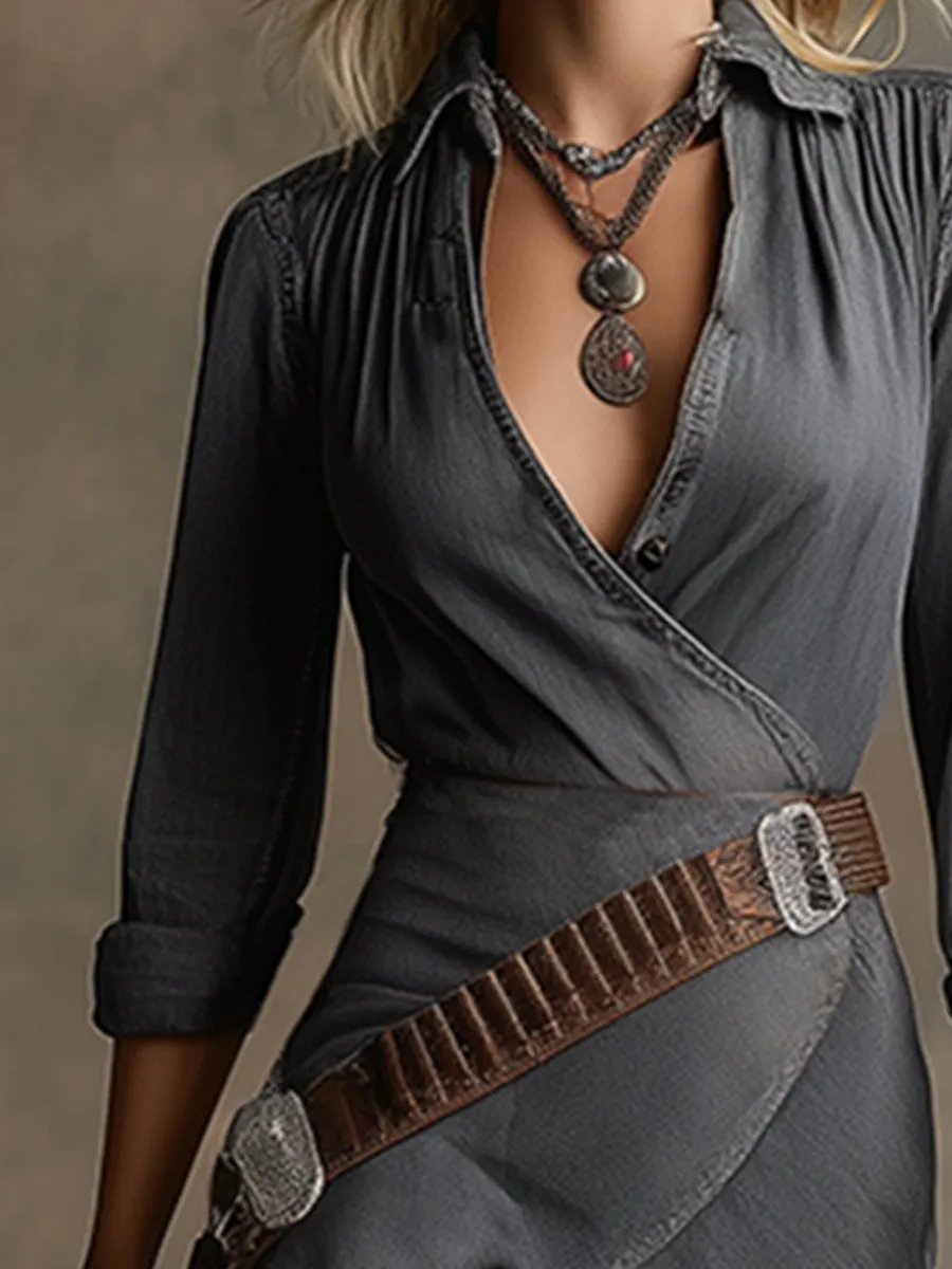 Trendy Retro V-neck Vacation Grey Denim Maxi Dress sold by Oyrosy product image thumbnail 3