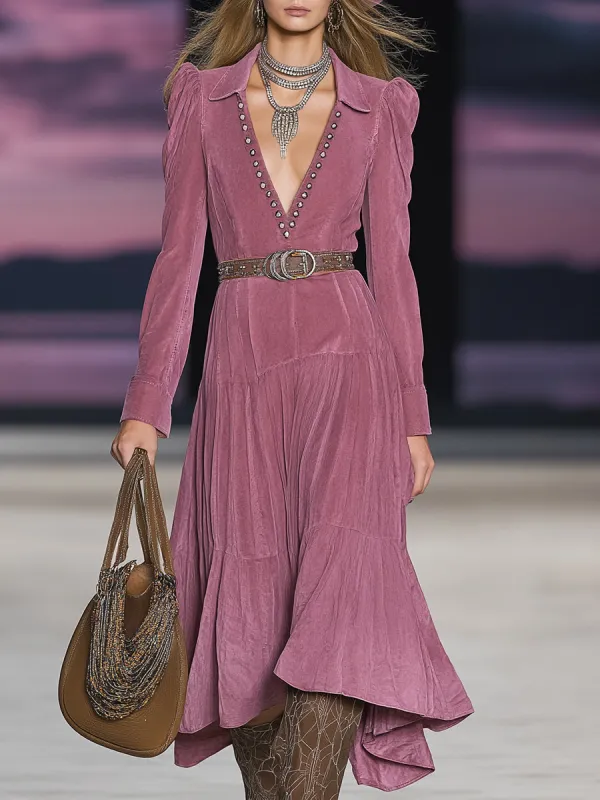 Western Pink Faux Suede V-Neck Studded Midi Dress sold by Oyrosy