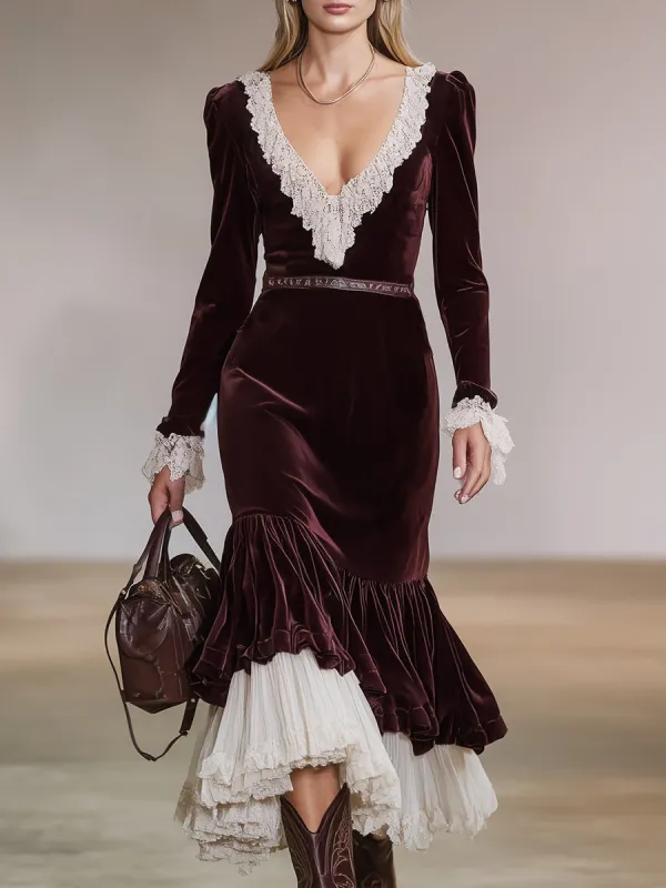 Red Velvet And White Tulle Lace Midi Dress sold by Oyrosy