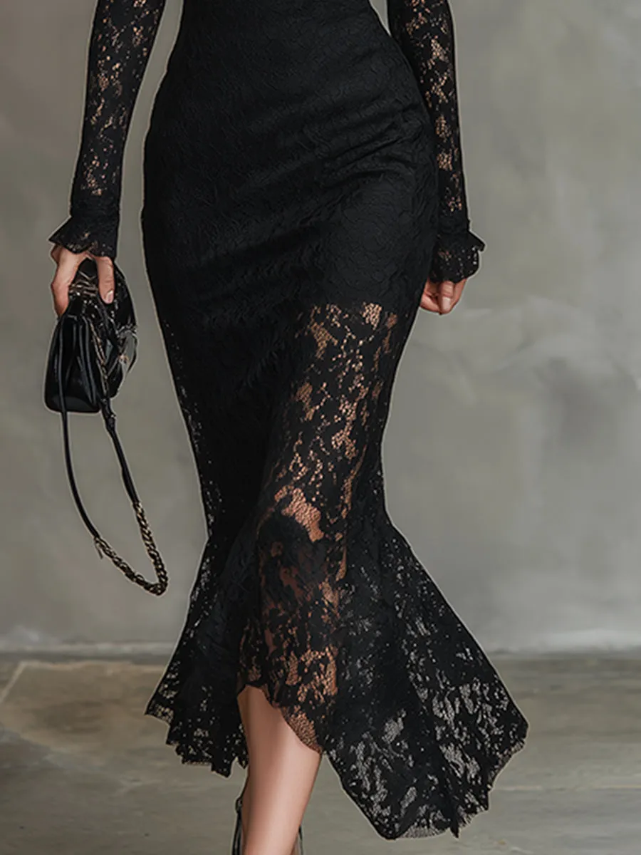 Elegant Party Black Stretch Lace Fishtail Maxi Dress sold by Oyrosy product image thumbnail 4