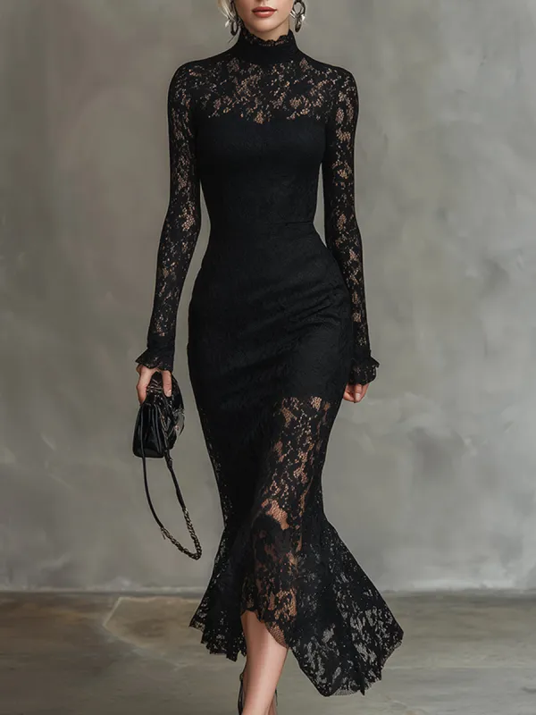 Elegant Party Black Stretch Lace Fishtail Maxi Dress sold by Oyrosy