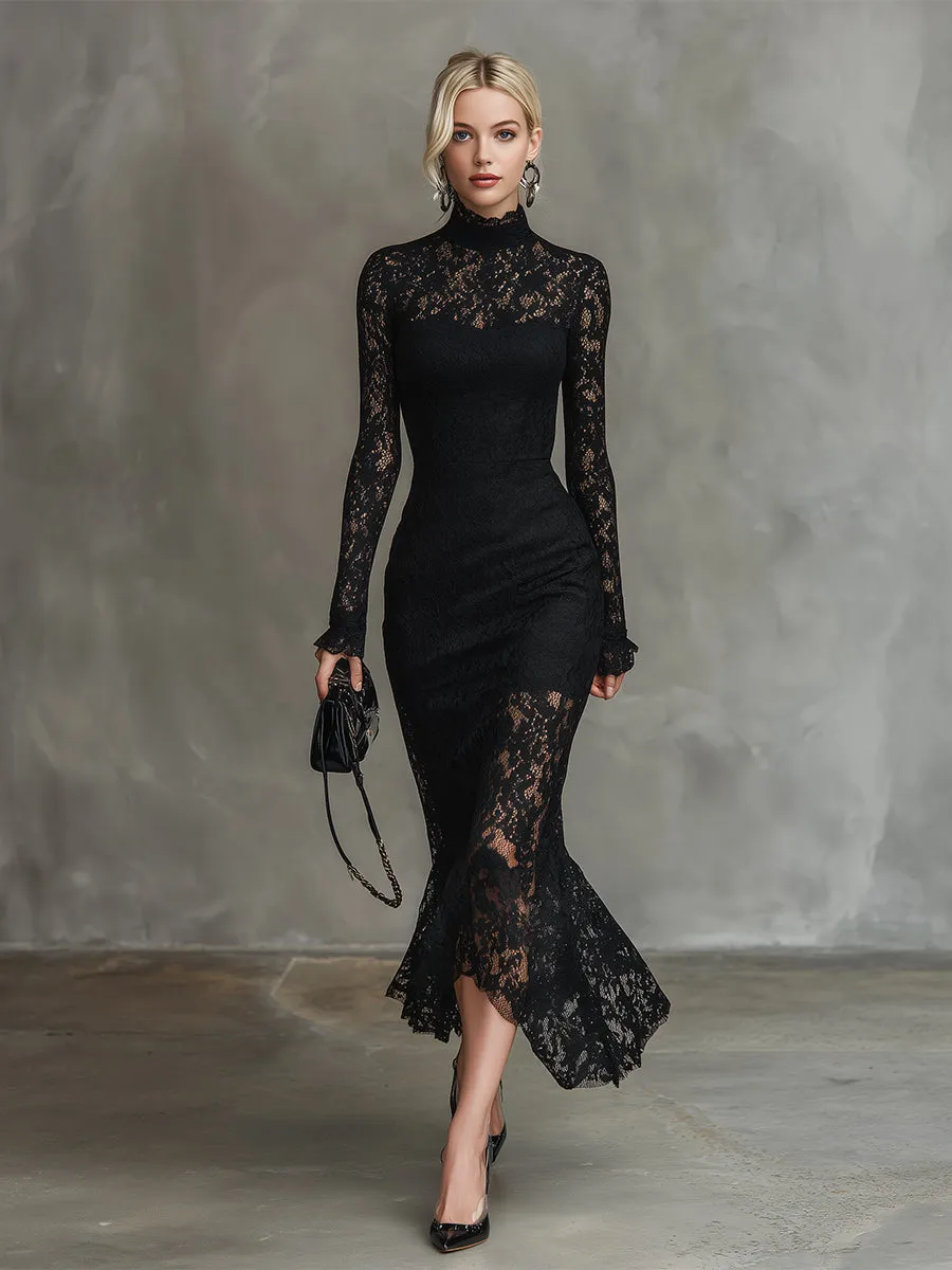 Elegant Party Black Stretch Lace Fishtail Maxi Dress sold by Oyrosy product image thumbnail 2