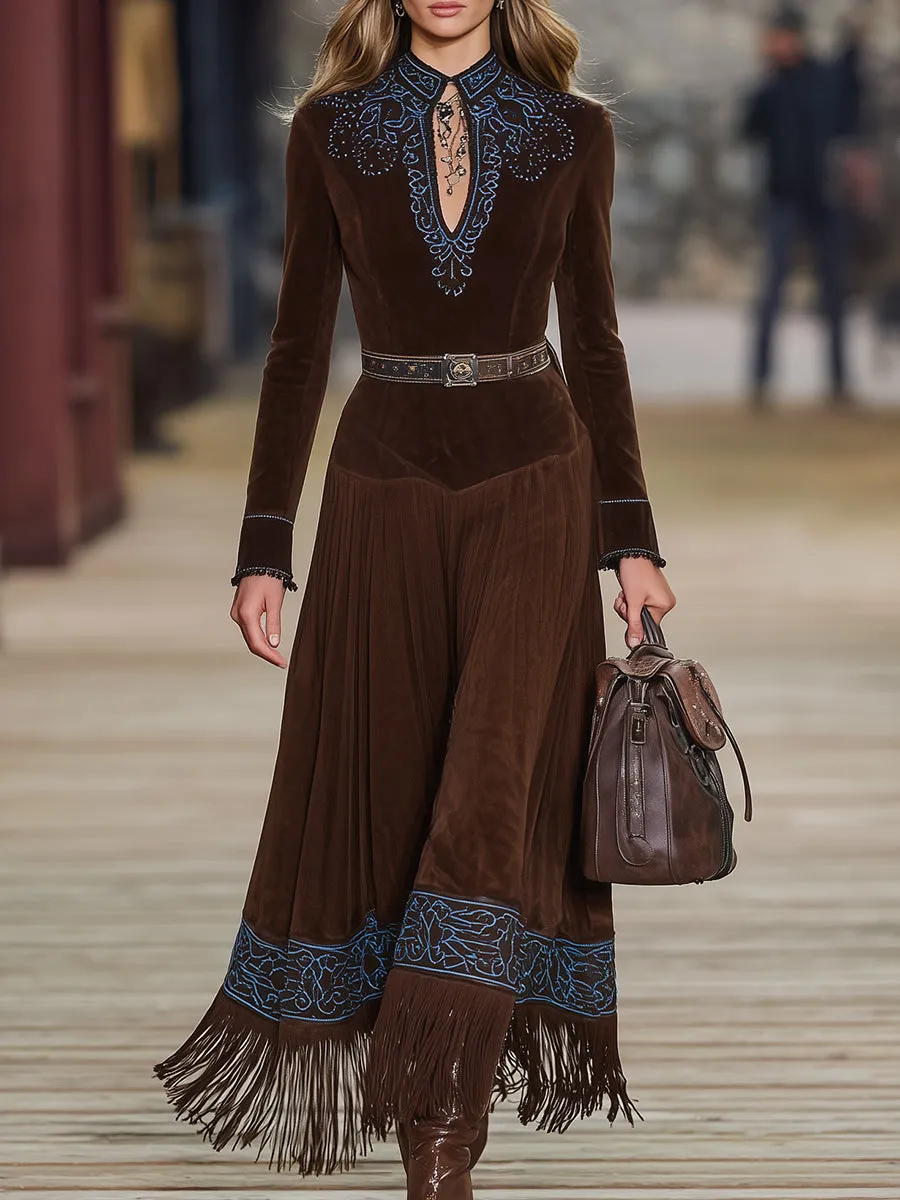 Western-style Faux Suede Patchwork Embroidered Patchwork Tassel Maxi Dress sold by Oyrosy