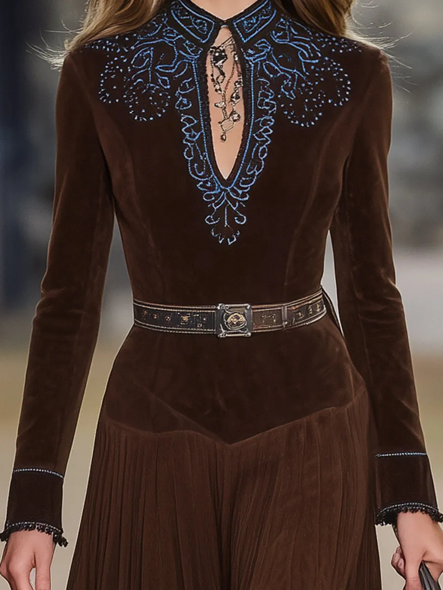 Western-style Faux Suede Patchwork Embroidered Patchwork Tassel Maxi Dress sold by Oyrosy product image thumbnail 4