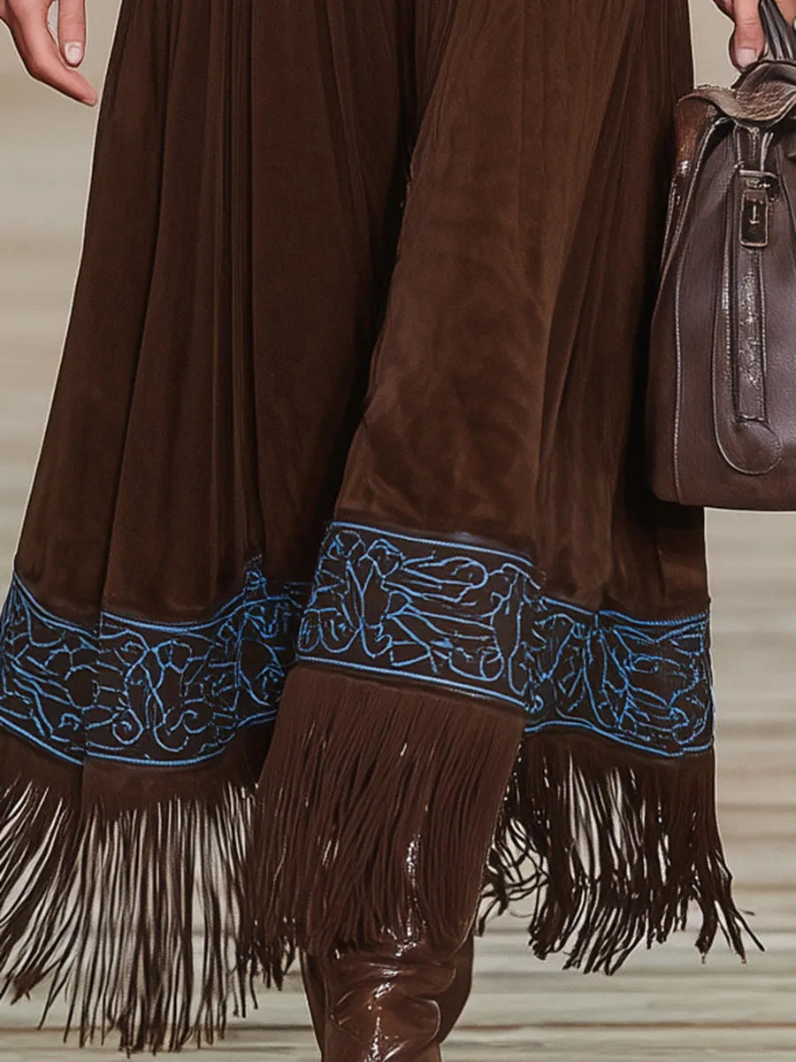 Western-style Faux Suede Patchwork Embroidered Patchwork Tassel Maxi Dress sold by Oyrosy product image thumbnail 3