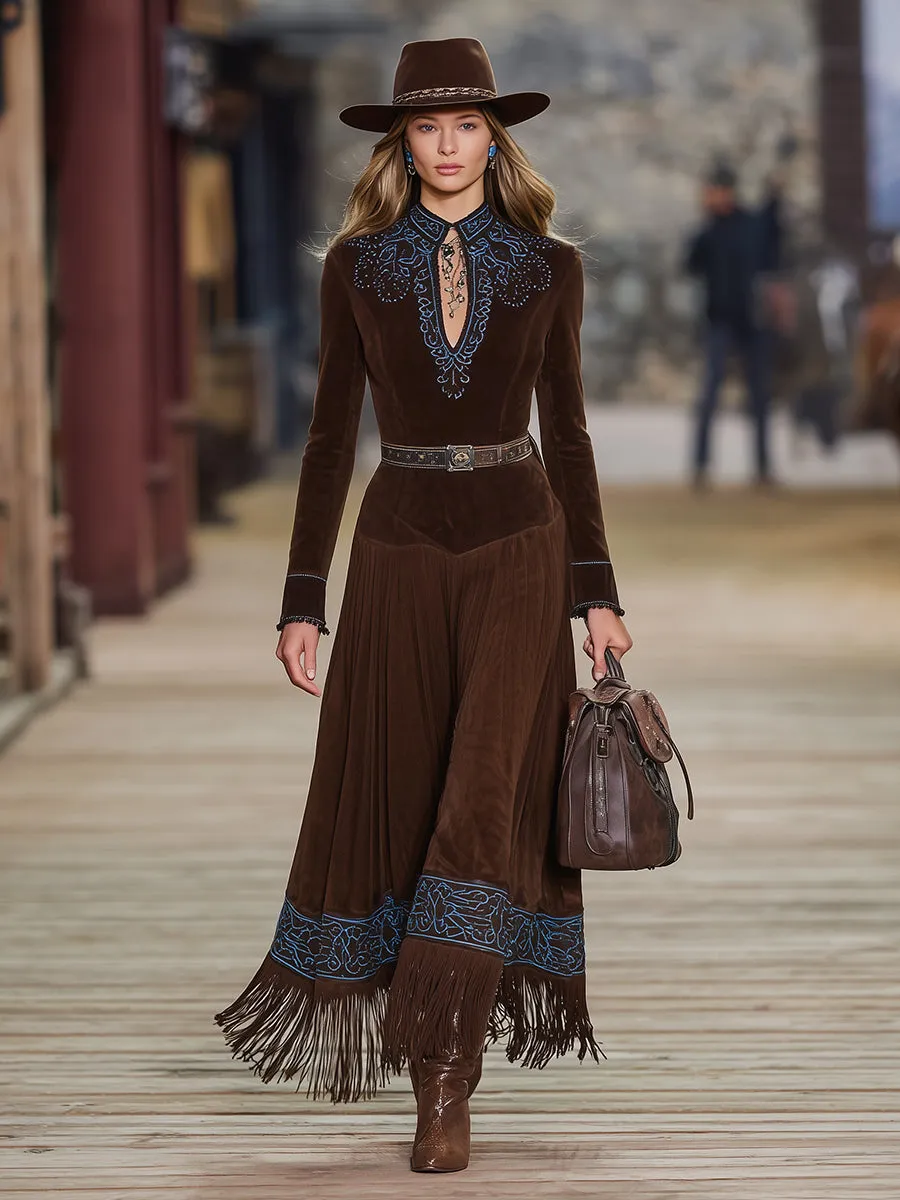 Western-style Faux Suede Patchwork Embroidered Patchwork Tassel Maxi Dress sold by Oyrosy product image thumbnail 2