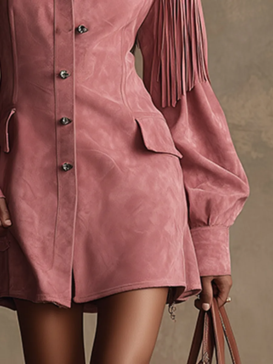 Retro-chic Fringed Pink Faux Suede Long-sleeved Mini Dress sold by Oyrosy product image thumbnail 4