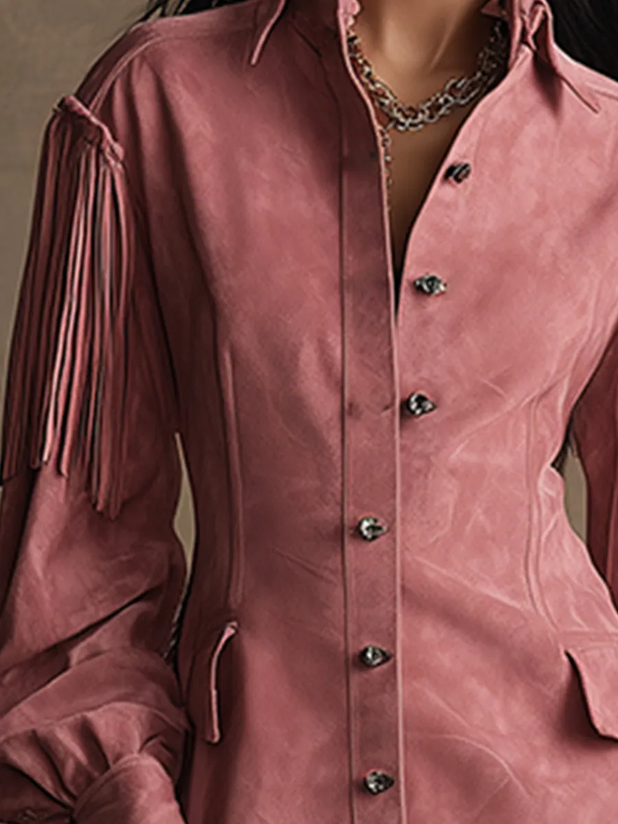 Retro-chic Fringed Pink Faux Suede Long-sleeved Mini Dress sold by Oyrosy product image thumbnail 3