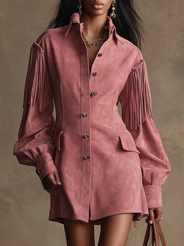 Retro-chic Fringed Pink Faux Suede Long-sleeved Mini Dress sold by Oyrosy