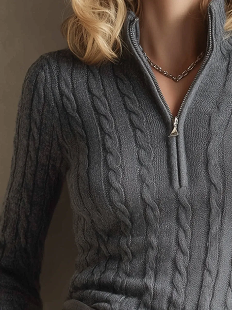 Urban Sporty Grey Half-zip Cable Knit Slim Fit Sweater sold by Oyrosy product image thumbnail 3