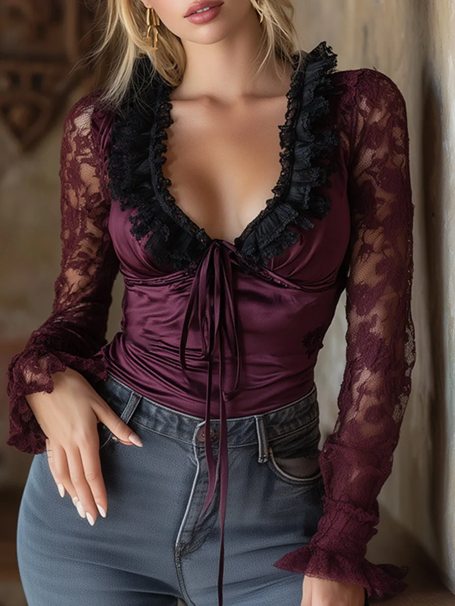 Elegant And Sexy V-neck Ruffled Burgundy Satin Lace Long-sleeved Shirt sold by Oyrosy