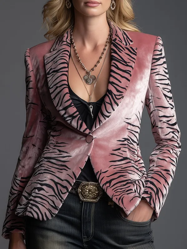 Chic Urban Pink Zebra-print Velvet Lapel Blazer sold by Oyrosy