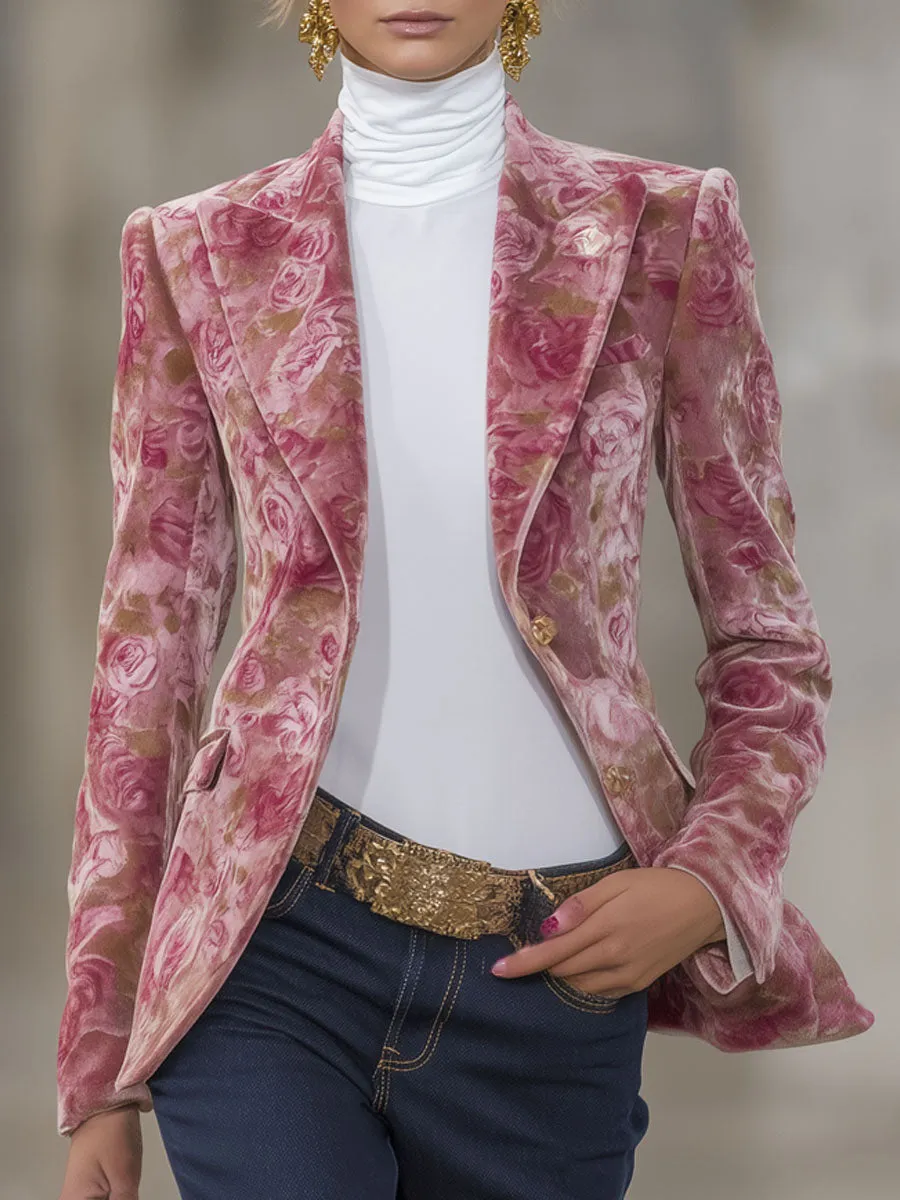 Lapel Single-breasted Floral Print Velvet Blazer sold by Oyrosy