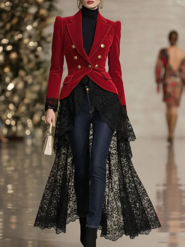Retro-style Lapel Velvet And Lace Blazer sold by Oyrosy