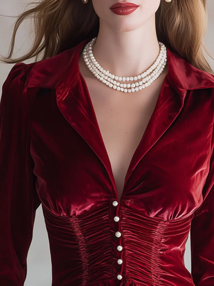 Fashionable Retro Red Velvet Pleated Ruffled Long-sleeved Shirt sold by Oyrosy product image thumbnail 4